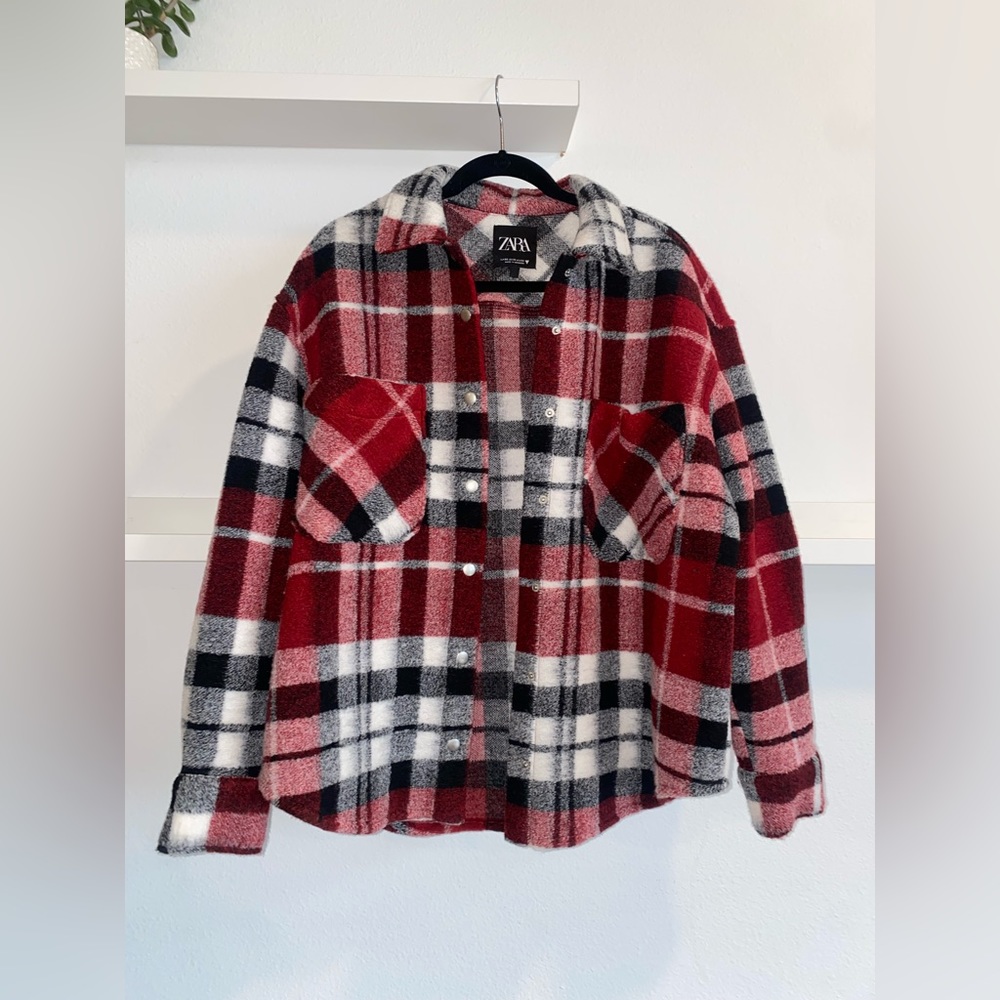 ZARA Red Black and White Plaid Shacket - size XS